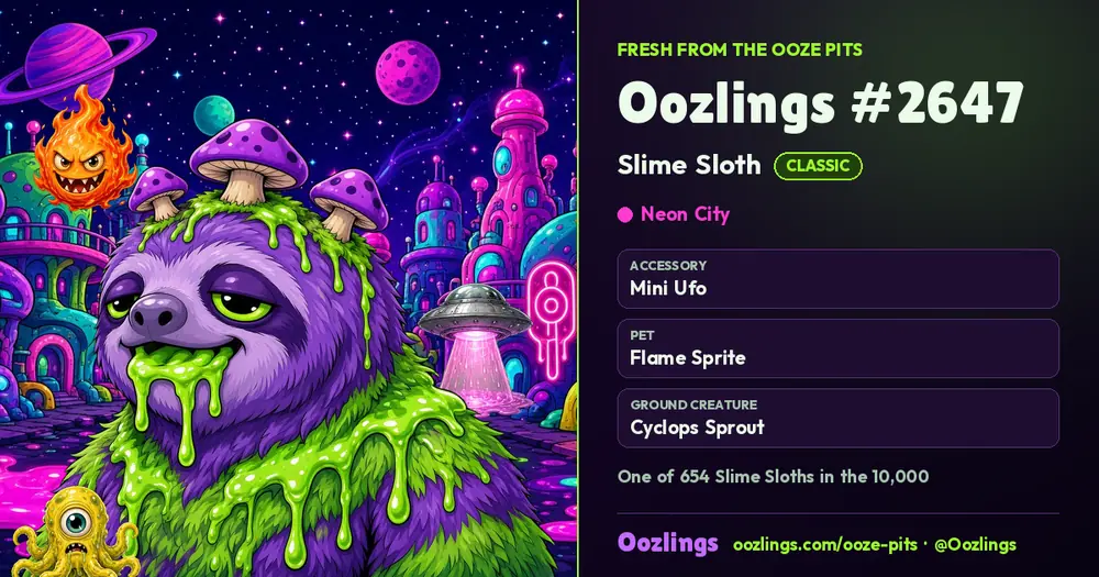 Oozlings #2647, a Classic Slime Sloth in Neon City