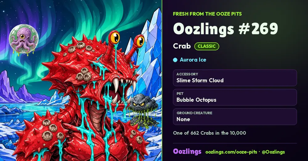 Oozlings #269, a Classic Crab in Aurora Ice