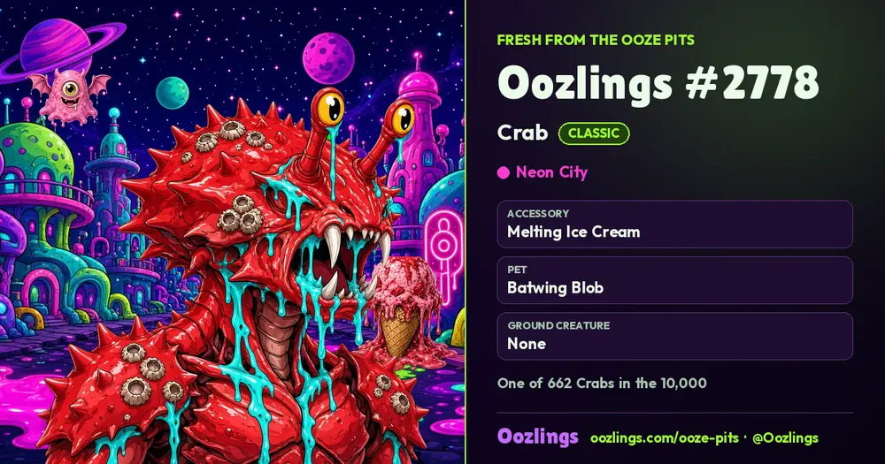 Oozlings #2778, a Classic Crab in Neon City