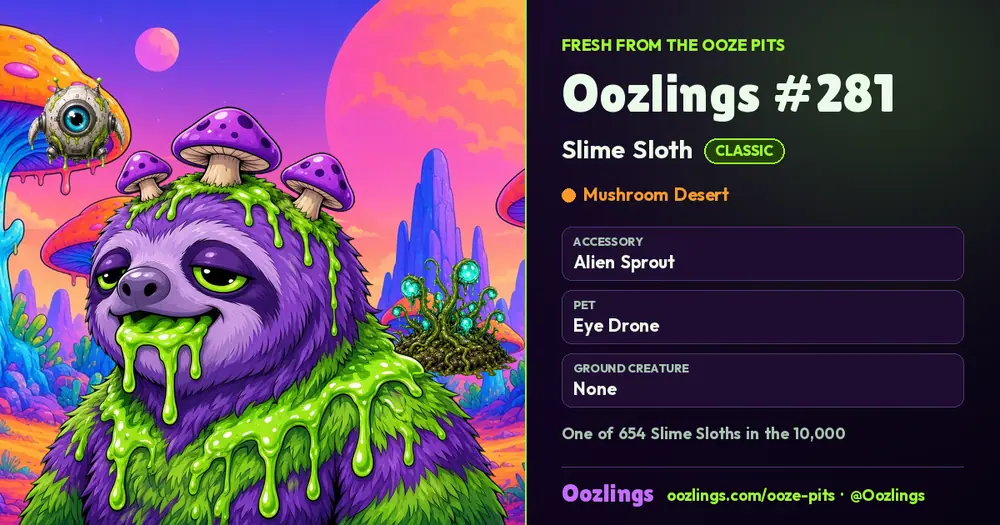 Oozlings #281, a Classic Slime Sloth in Mushroom Desert