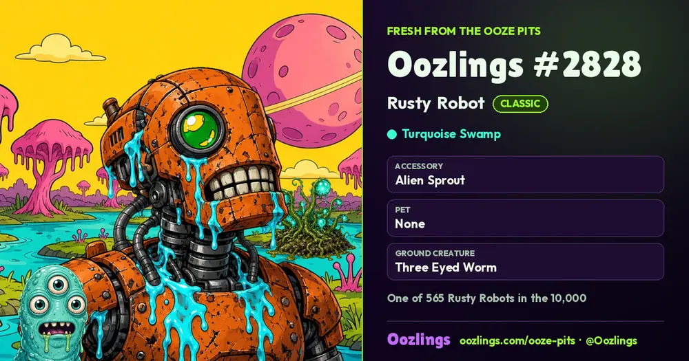 Oozlings #2828, a Classic Rusty Robot in Turquoise Swamp