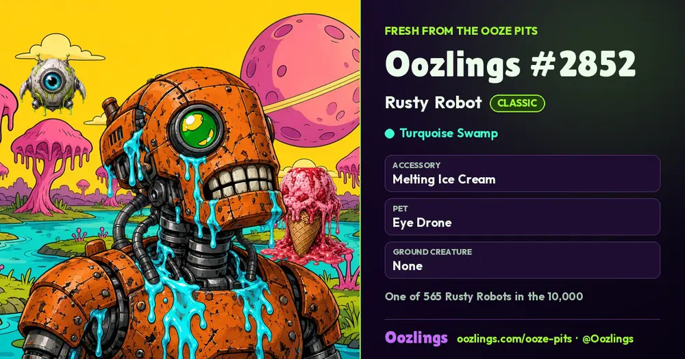 Oozlings #2852, a Classic Rusty Robot in Turquoise Swamp