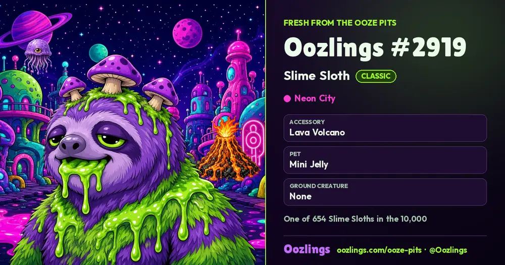 Oozlings #2919, a Classic Slime Sloth in Neon City