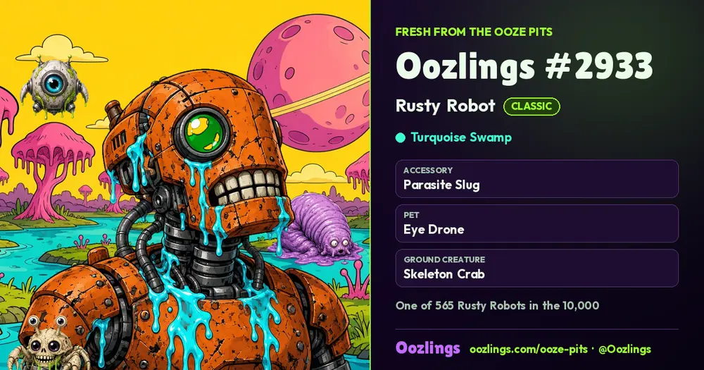 Oozlings #2933, a Classic Rusty Robot in Turquoise Swamp