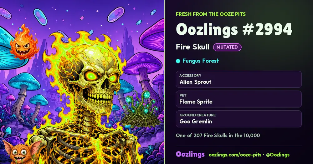 Oozlings #2994, a Mutated Fire Skull in Fungus Forest