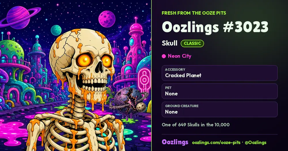 Oozlings #3023, a Classic Skull in Neon City