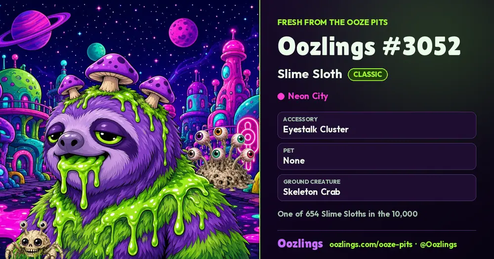 Oozlings #3052, a Classic Slime Sloth in Neon City