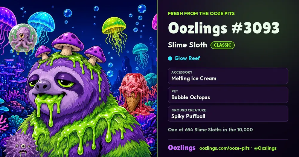 Oozlings #3093, a Classic Slime Sloth in Glow Reef