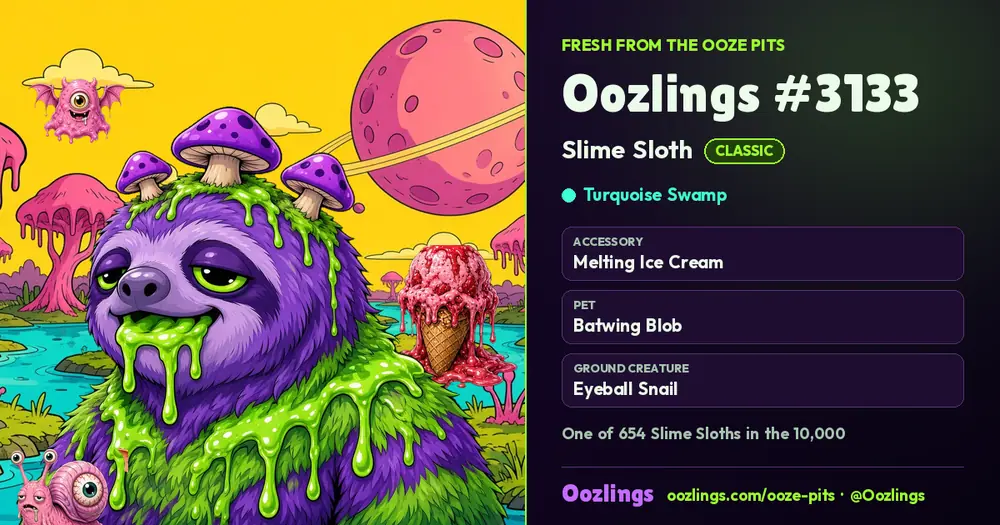 Oozlings #3133, a Classic Slime Sloth in Turquoise Swamp