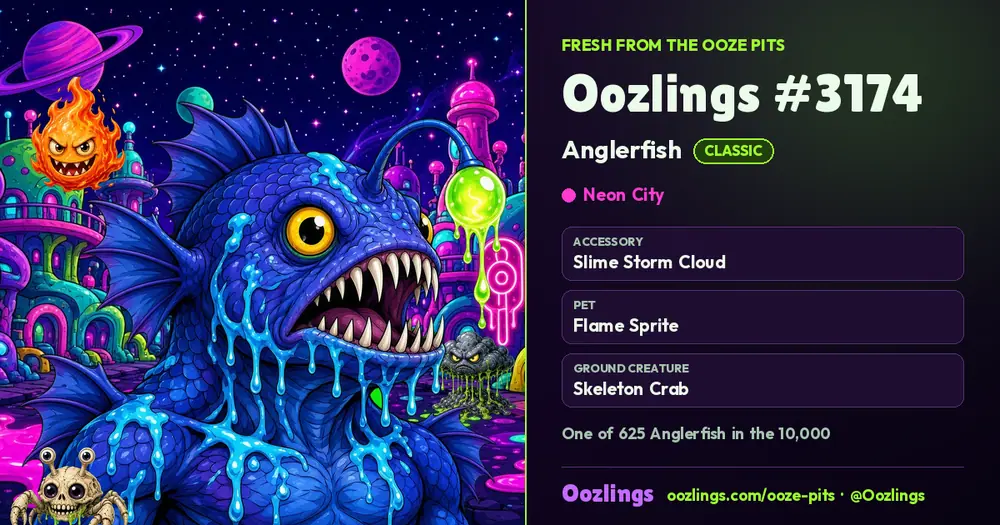 Oozlings #3174, a Classic Anglerfish in Neon City