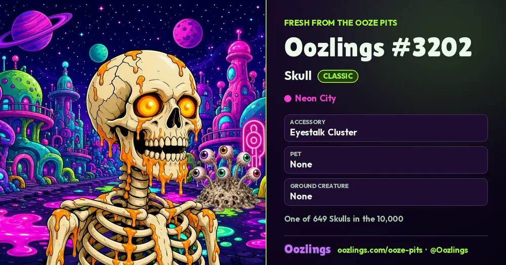 Oozlings #3202, a Classic Skull in Neon City