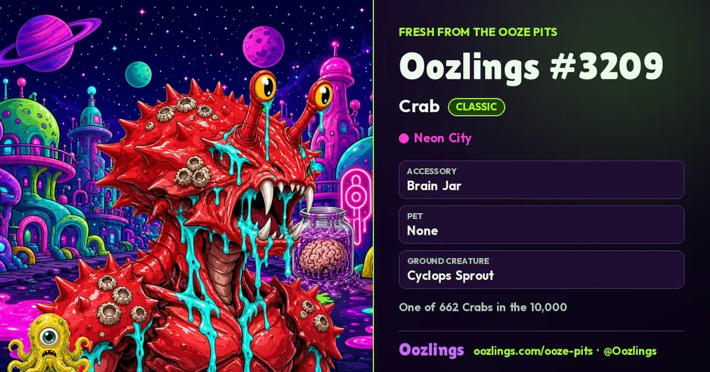 Oozlings #3209, a Classic Crab in Neon City