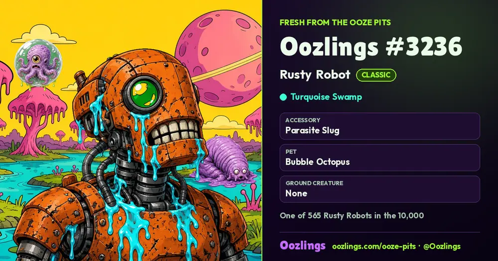 Oozlings #3236, a Classic Rusty Robot in Turquoise Swamp