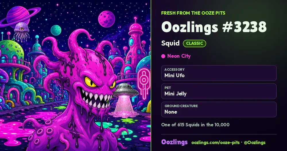 Oozlings #3238, a Classic Squid in Neon City