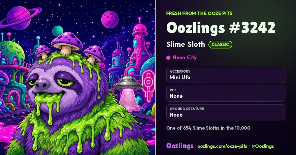 Oozlings #3242, a Classic Slime Sloth in Neon City