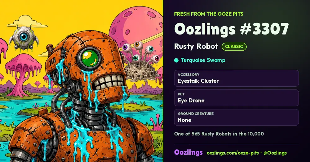 Oozlings #3307, a Classic Rusty Robot in Turquoise Swamp