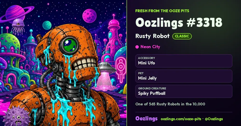 Oozlings #3318, a Classic Rusty Robot in Neon City