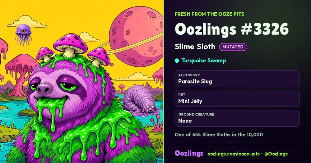 Oozlings #3326, a Mutated Slime Sloth in Turquoise Swamp