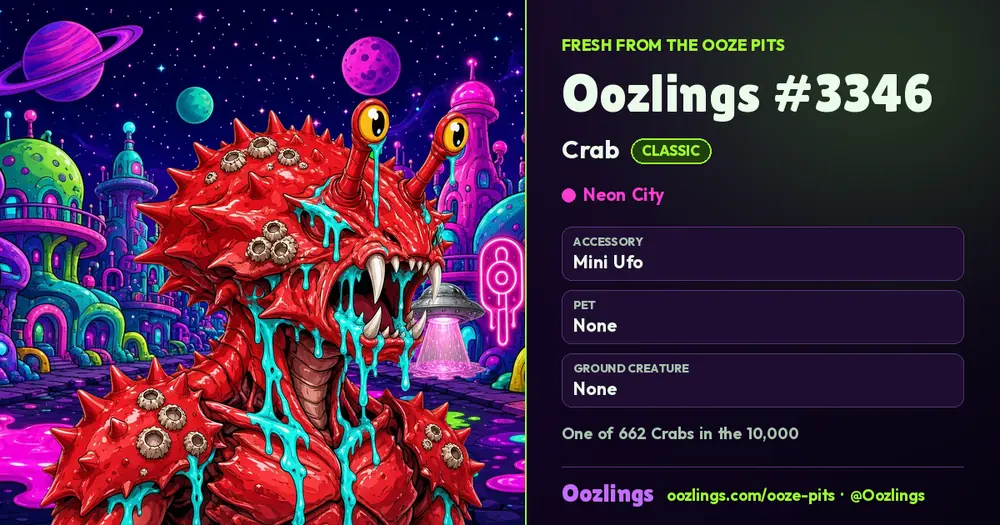 Oozlings #3346, a Classic Crab in Neon City