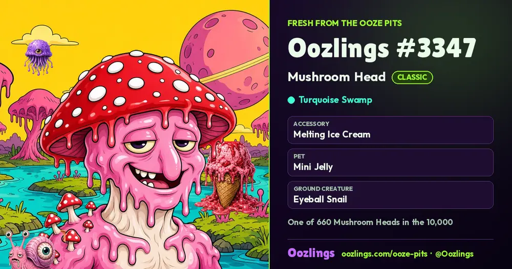 Oozlings #3347, a Classic Mushroom Head in Turquoise Swamp