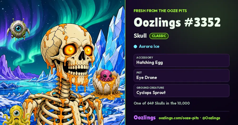 Oozlings #3352, a Classic Skull in Aurora Ice