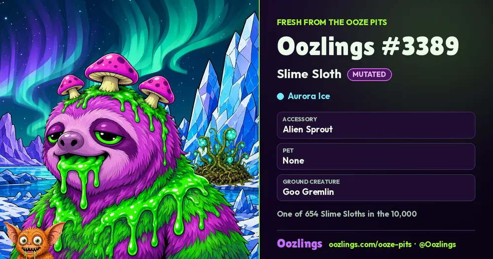 Oozlings #3389, a Mutated Slime Sloth in Aurora Ice
