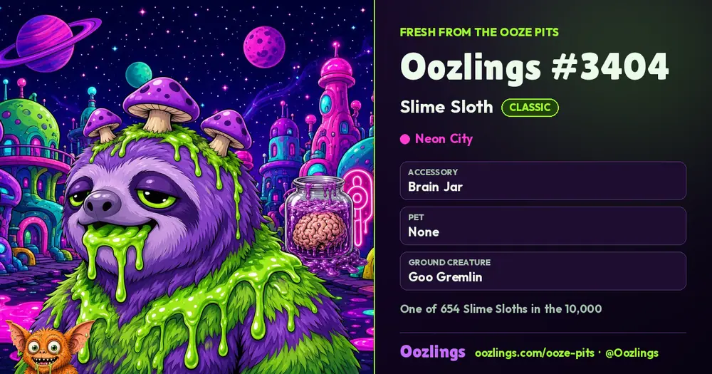 Oozlings #3404, a Classic Slime Sloth in Neon City