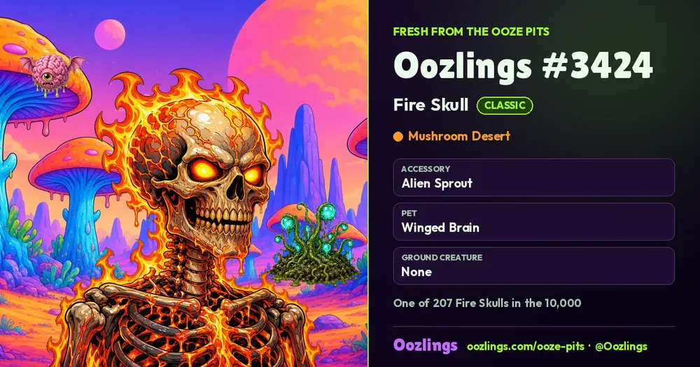 Oozlings #3424, a Classic Fire Skull in Mushroom Desert