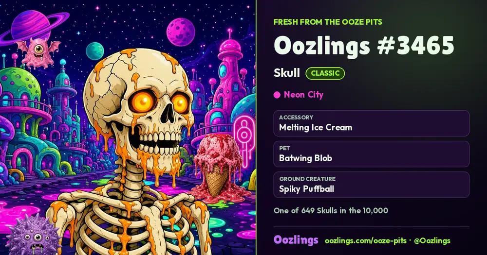 Oozlings #3465, a Classic Skull in Neon City