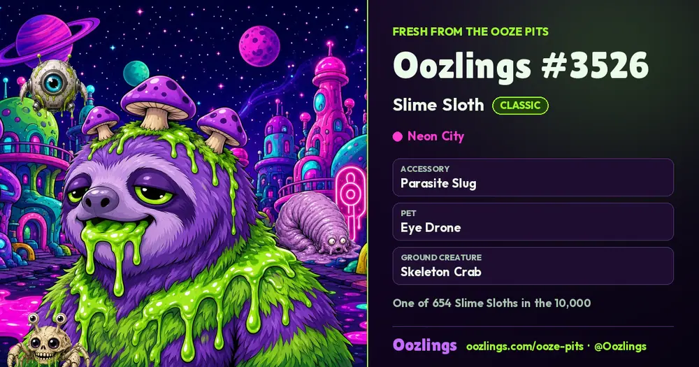 Oozlings #3526, a Classic Slime Sloth in Neon City