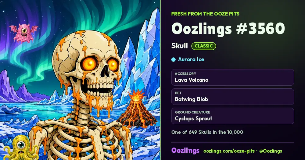 Oozlings #3560, a Classic Skull in Aurora Ice