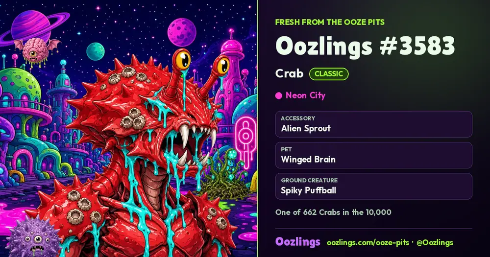 Oozlings #3583, a Classic Crab in Neon City