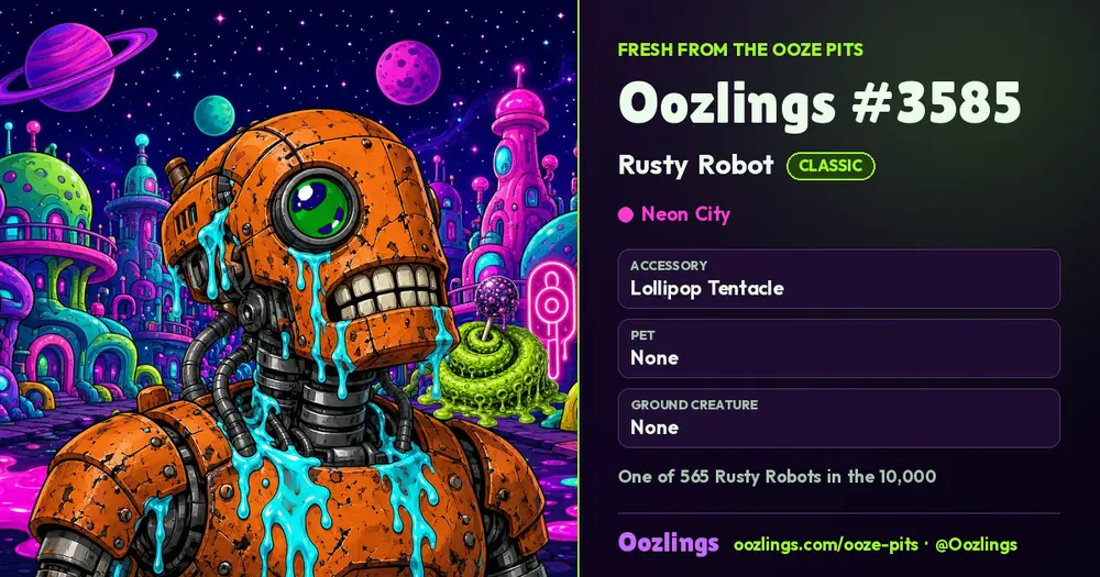 Oozlings #3585, a Classic Rusty Robot in Neon City