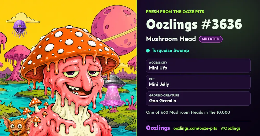 Oozlings #3636, a Mutated Mushroom Head in Turquoise Swamp