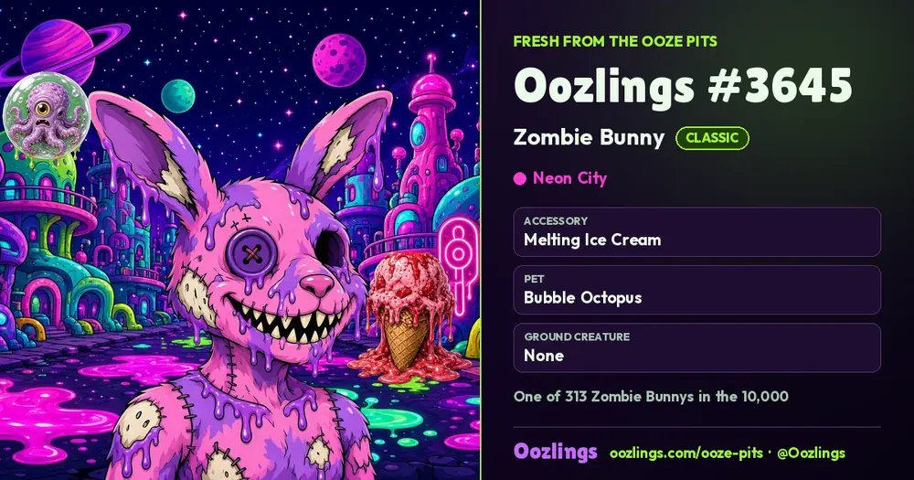 Oozlings #3645, a Classic Zombie Bunny in Neon City