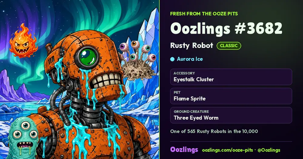 Oozlings #3682, a Classic Rusty Robot in Aurora Ice