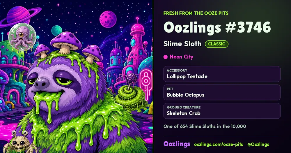 Oozlings #3746, a Classic Slime Sloth in Neon City