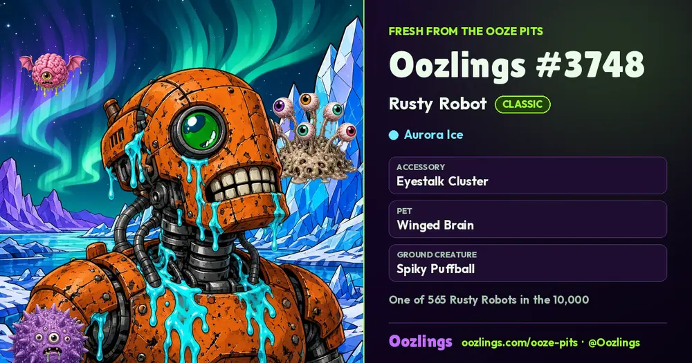 Oozlings #3748, a Classic Rusty Robot in Aurora Ice