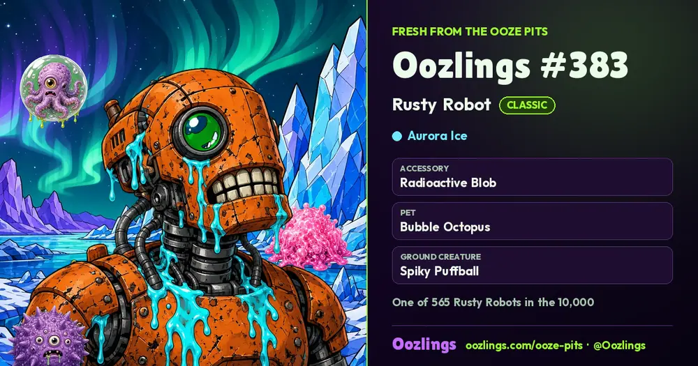 Oozlings #383, a Classic Rusty Robot in Aurora Ice