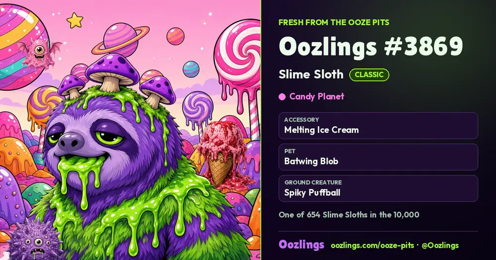 Oozlings #3869, a Classic Slime Sloth in Candy Planet