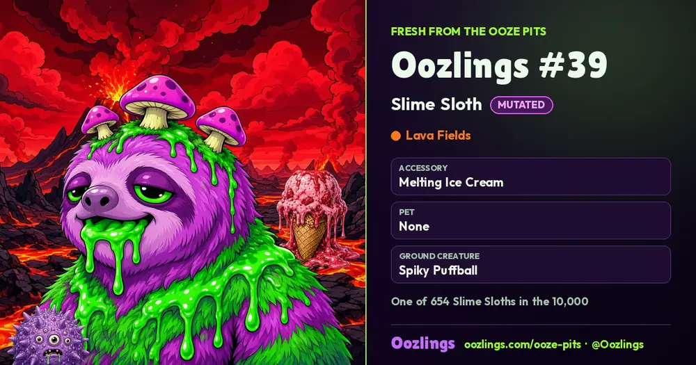 Oozlings #39, a Mutated Slime Sloth in Lava Fields
