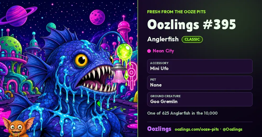 Oozlings #395, a Classic Anglerfish in Neon City