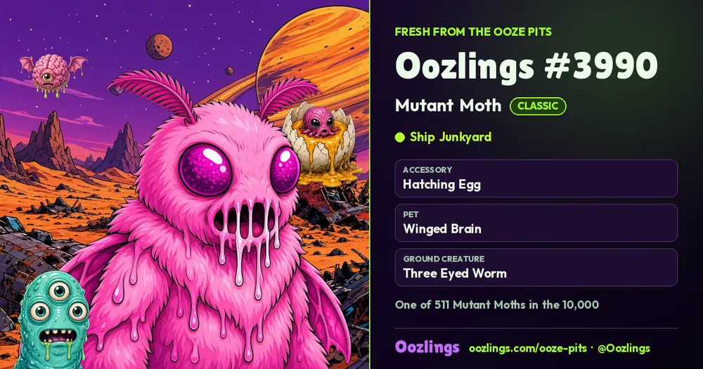 Oozlings #3990, a Classic Mutant Moth in Ship Junkyard