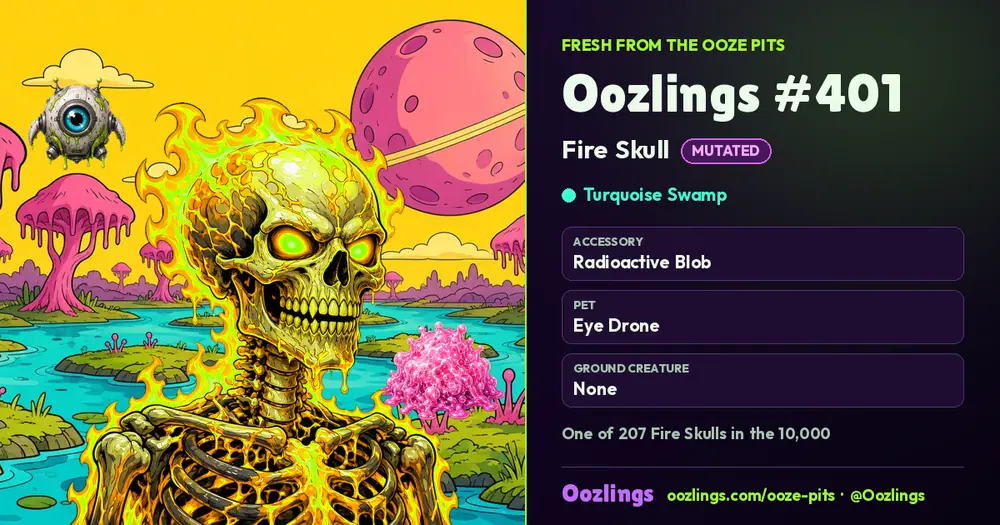 Oozlings #401, a Mutated Fire Skull in Turquoise Swamp
