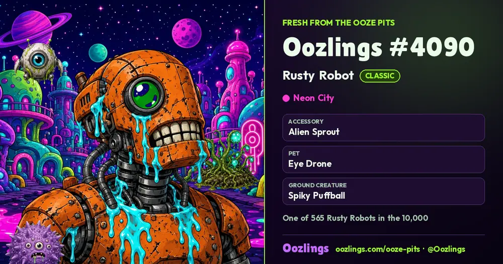 Oozlings #4090, a Classic Rusty Robot in Neon City