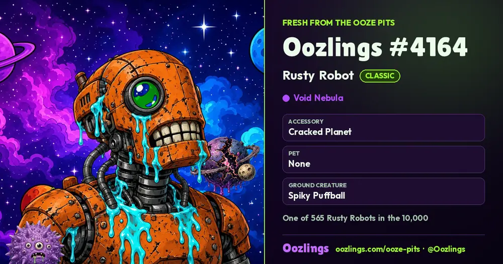 Oozlings #4164, a Classic Rusty Robot in Void Nebula