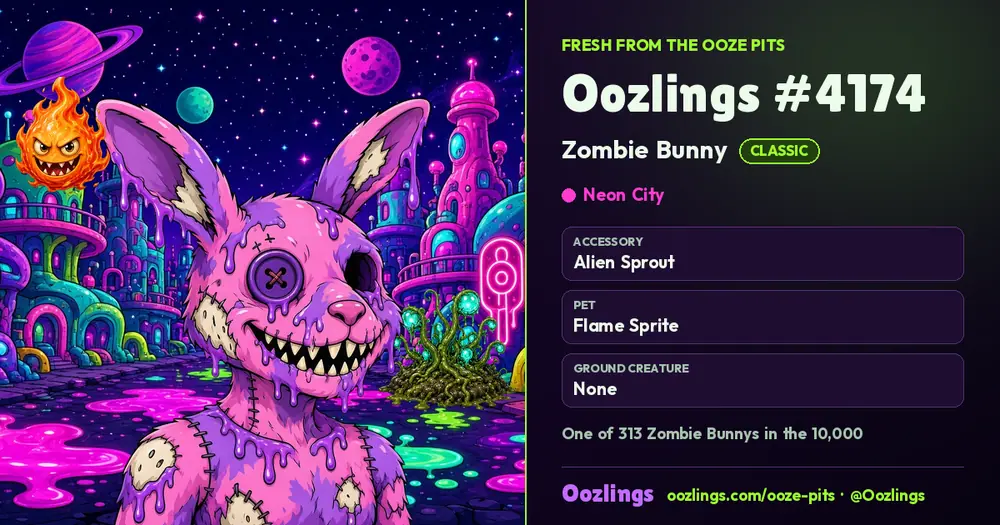 Oozlings #4174, a Classic Zombie Bunny in Neon City
