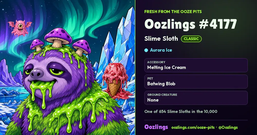 Oozlings #4177, a Classic Slime Sloth in Aurora Ice