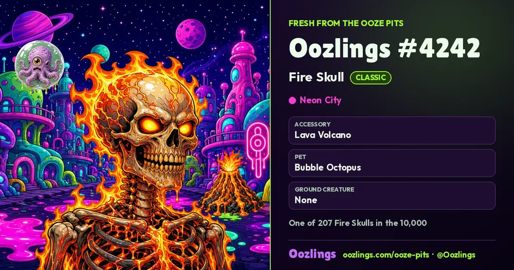 Oozlings #4242, a Classic Fire Skull in Neon City