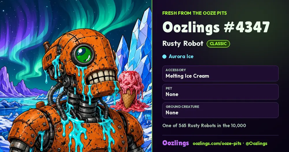 Oozlings #4347, a Classic Rusty Robot in Aurora Ice